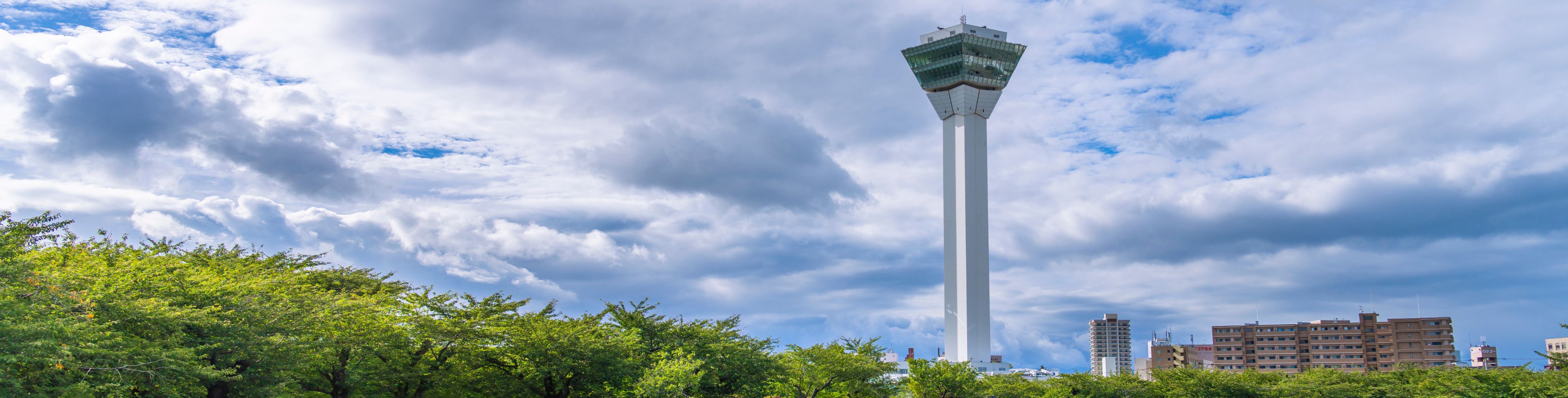Large tower building in the distance with a pond and greenery surrounding it.