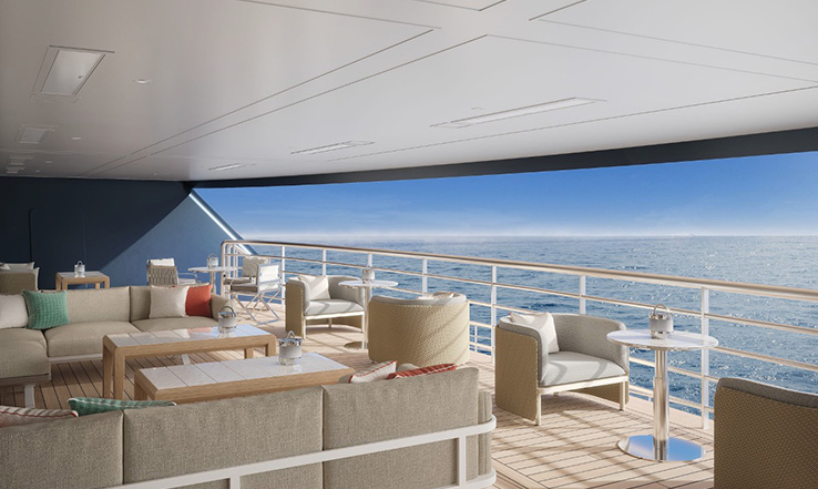 Deck full of chairs and tables to sit at. 