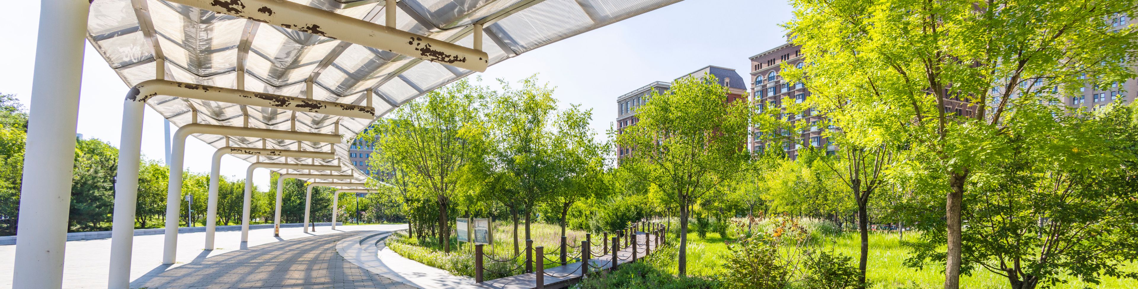 Covered walkway near some trees. 