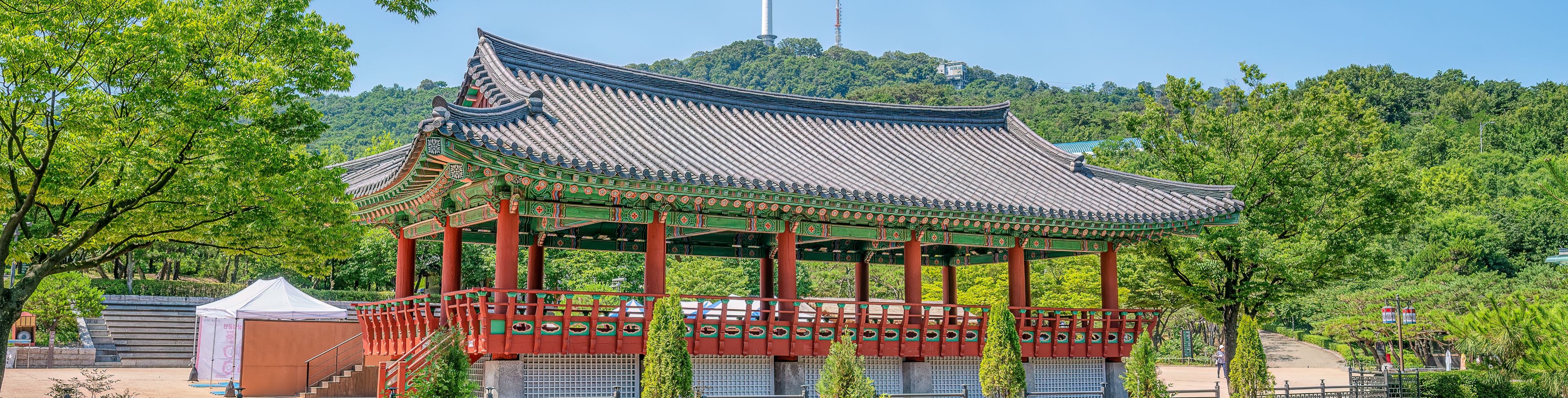 Temple grounds overlooking a body of water. 