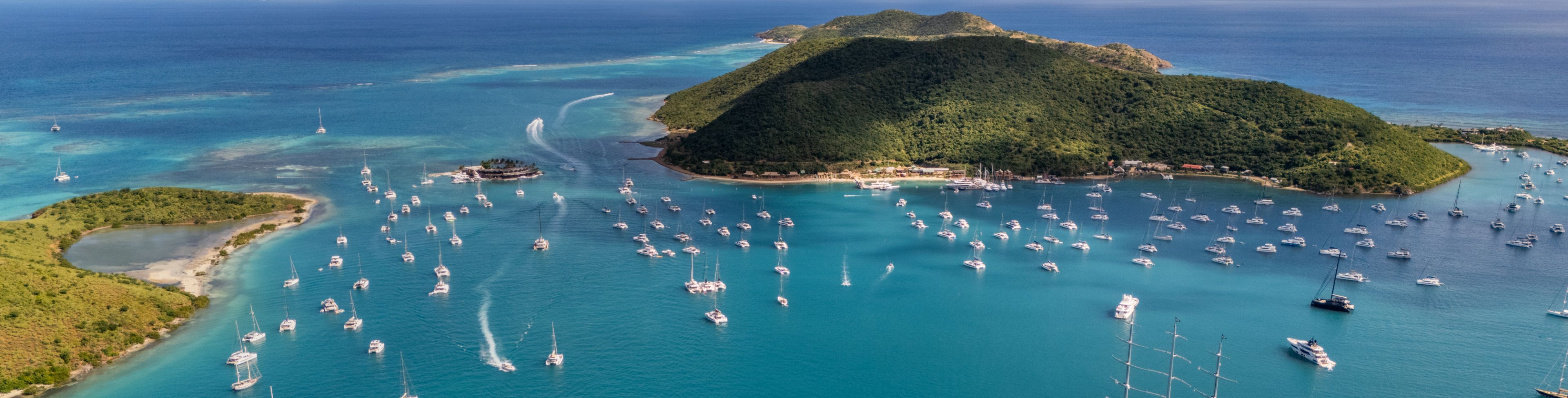 Aerial view of various boats in the water.