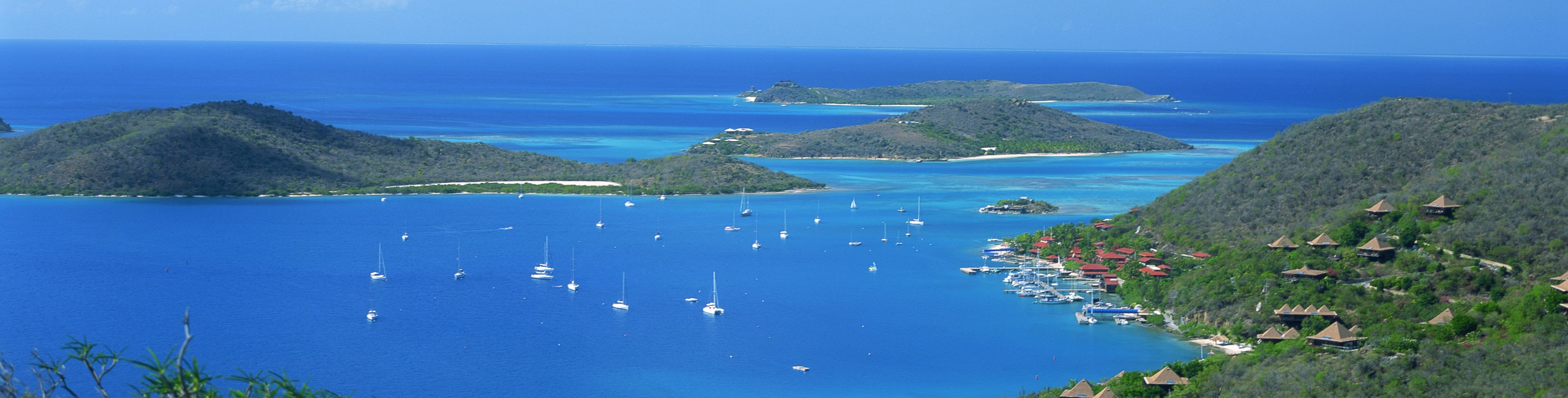 View of island and ocean water. 