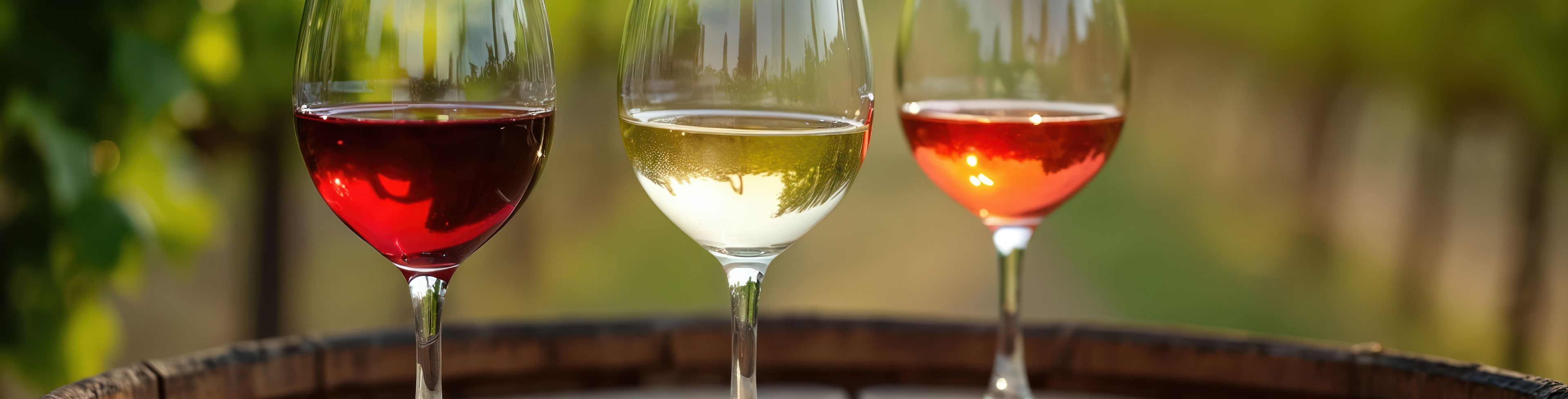 Three wine glasses filled halfway with different wines. 