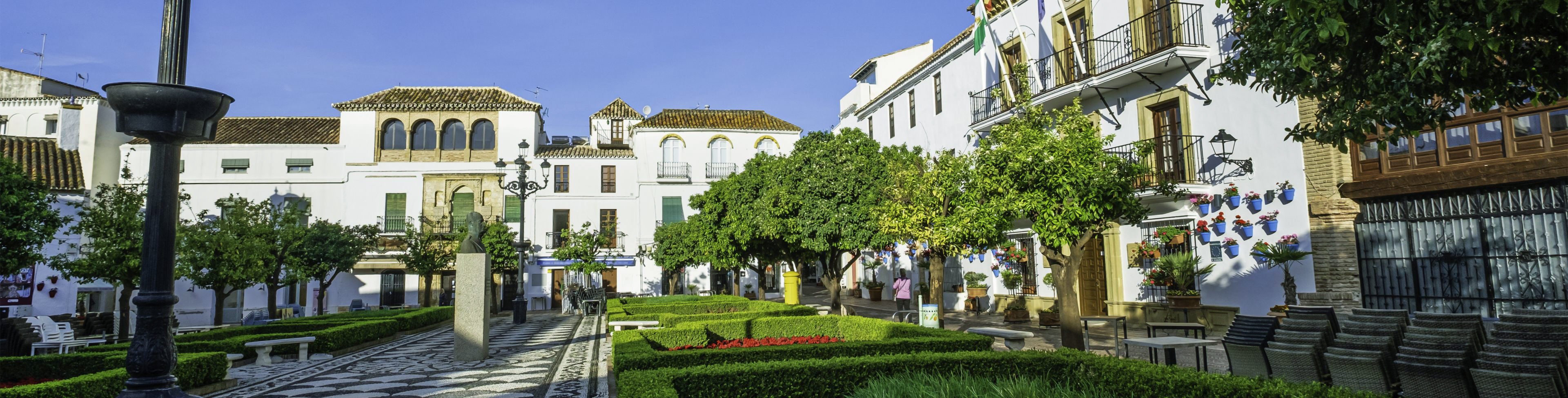 Buildings surround a bright, tree-filled courtyard.