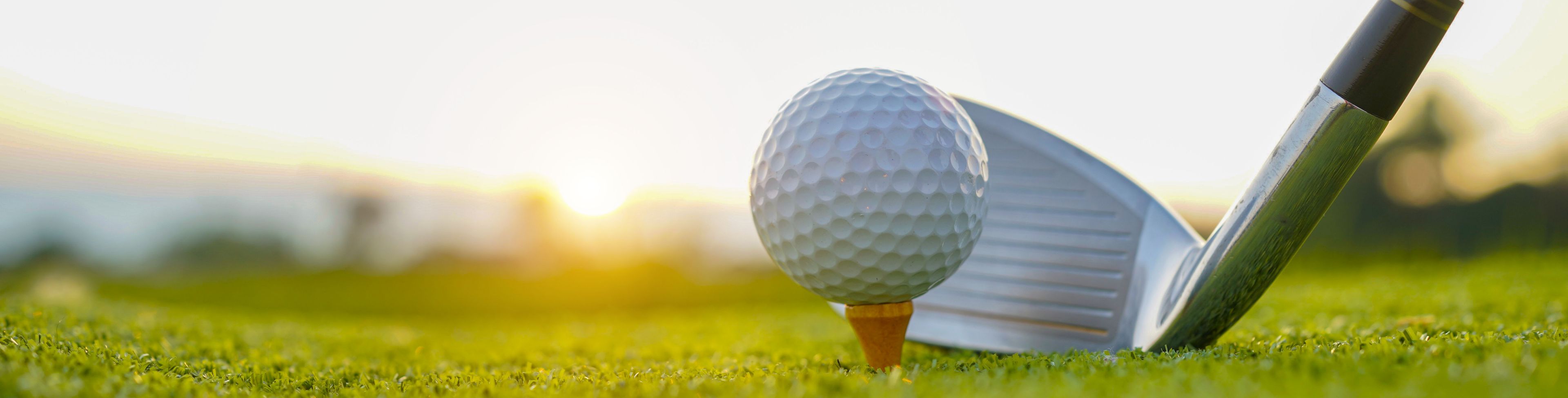 A golf club sits poised to hit a golf ball sitting on a tee.