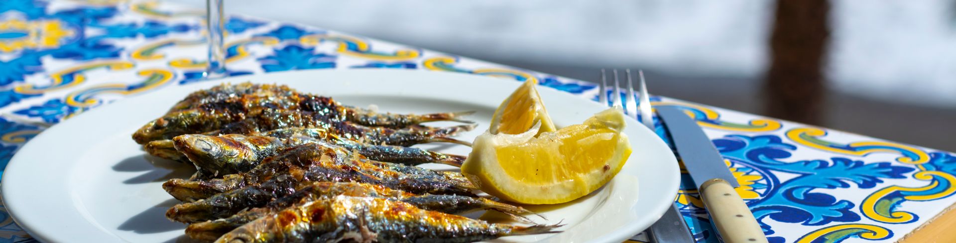 A plate of fish and glass of wine sit in front of the ocean