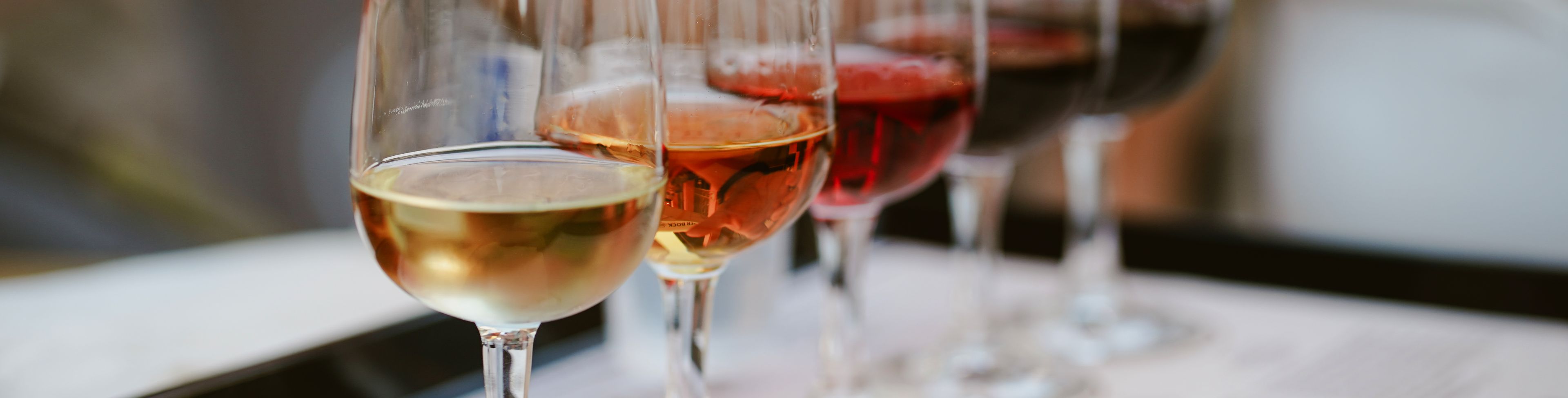 Line of wine glasses partially filled with different wine, lined up for a tasting.