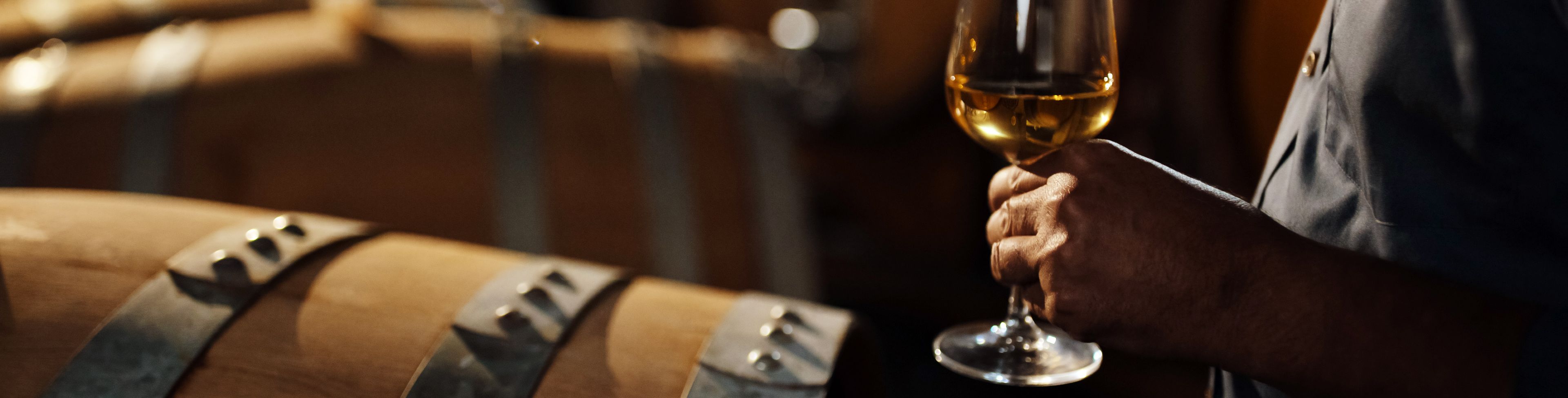 Person holding a glass of wine, near a barrel.