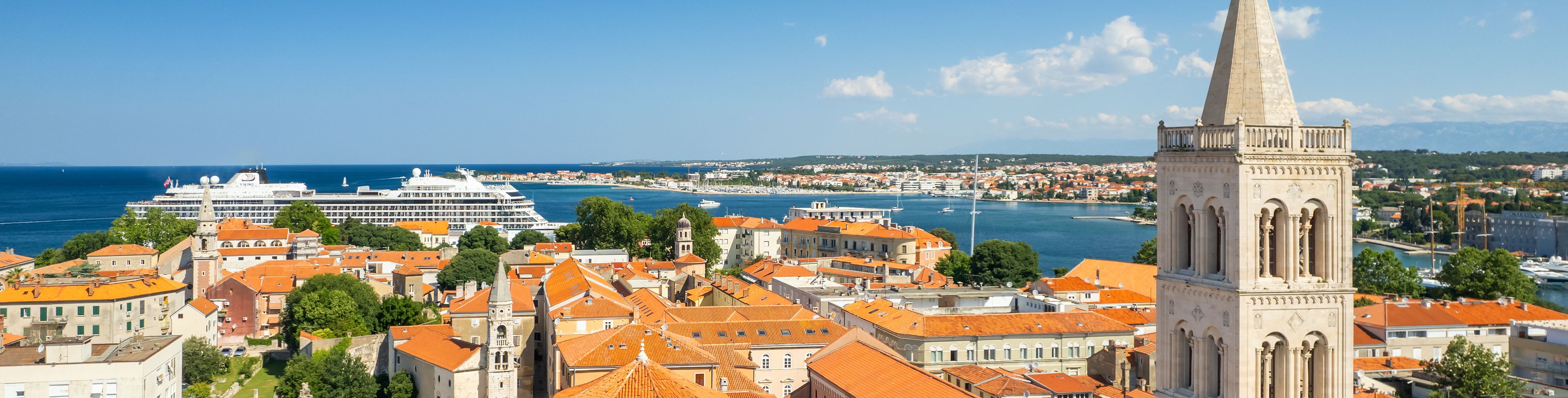 A birds-eye view of a group of buildings in Zadar, Croatia. 