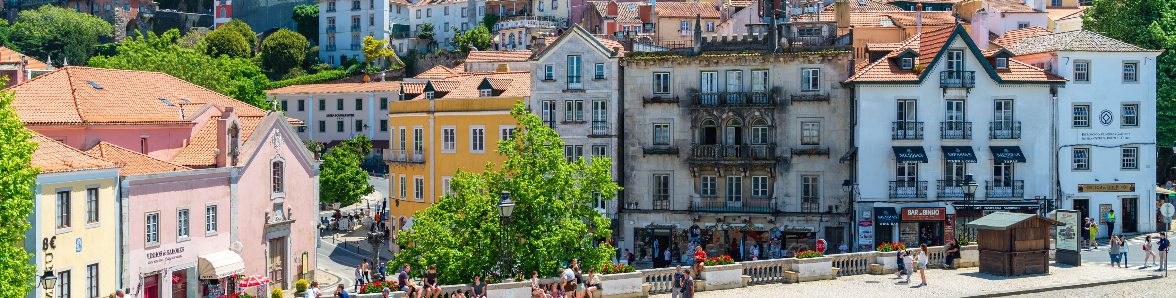A group of buildings line a green mountainside