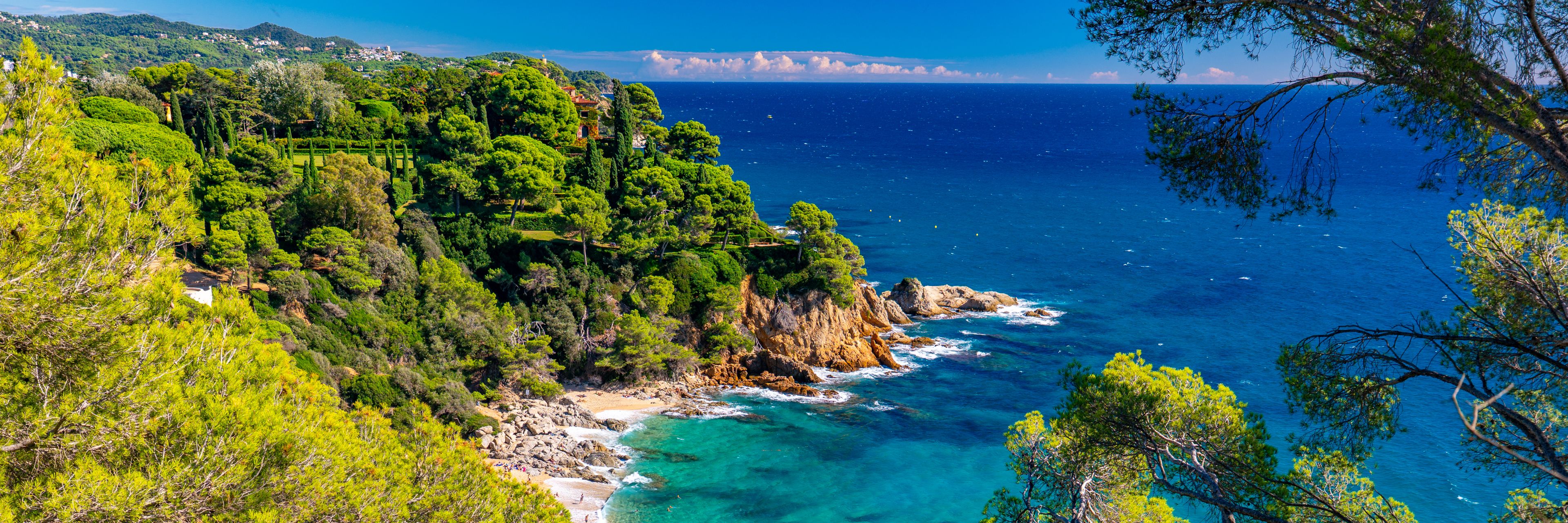 Hillside view of the ocean meeting a beach at the bottom of cliffs.