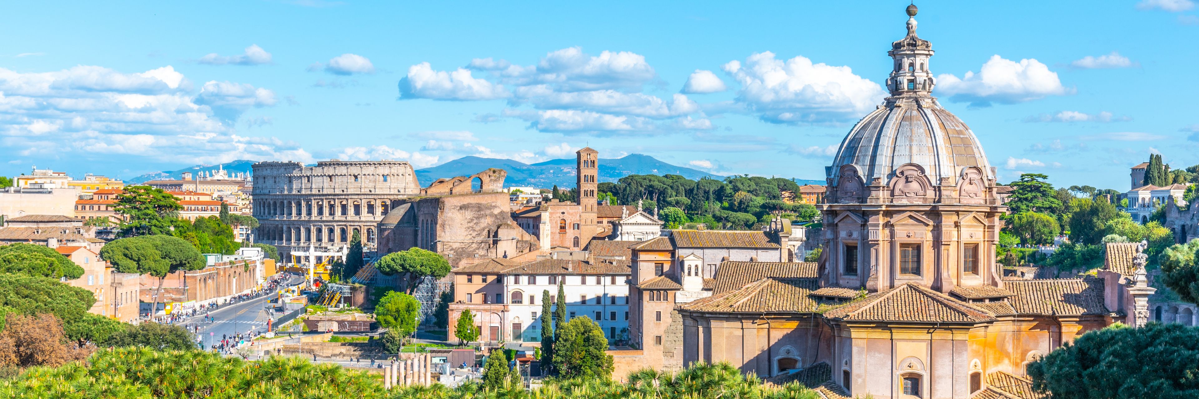 Panoramic view of the Colesseum and the Church of Santi Luca e Martina.