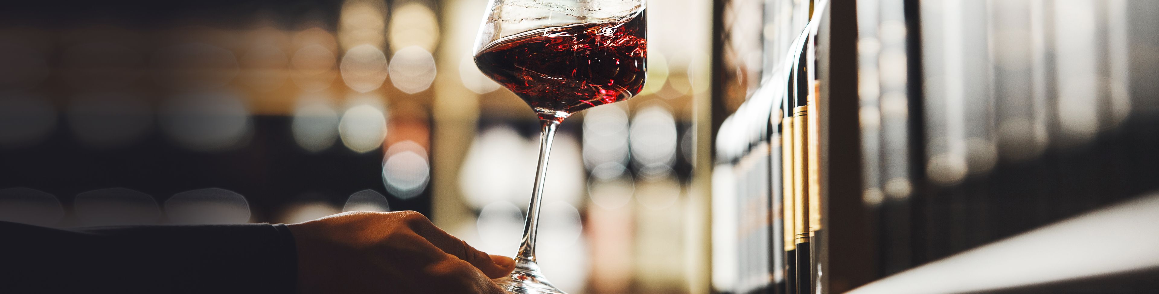 Person holding a glass of wine, near a shelf full of wine bottles.