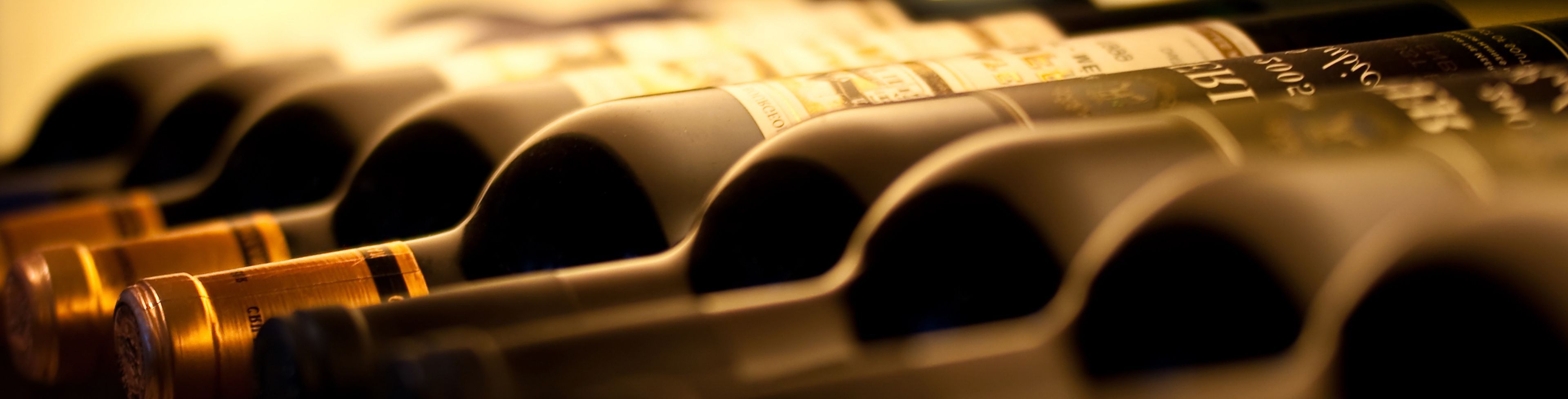 Line of wine bottles resting on a wine bottle rack.