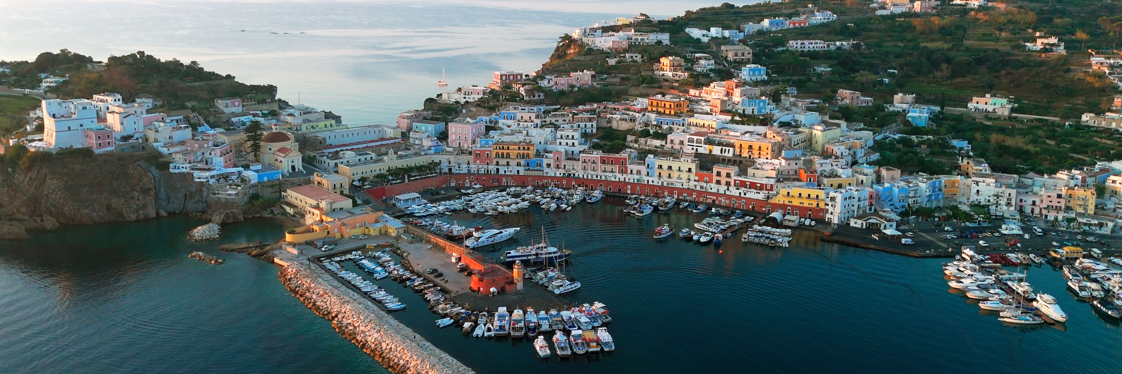 Aerial view of Ponza, Italy and the Marina.