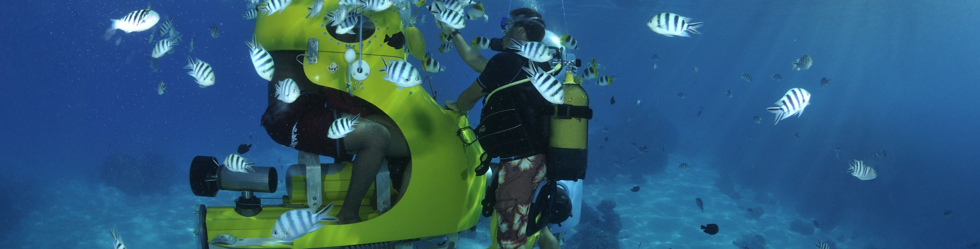 One person is scuba diving, another is in an underwater scooter, exploring the ocean.