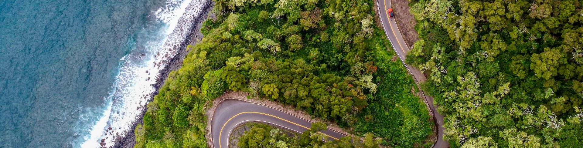Sky view above a winding road that is surrounded by trees, near the ocean.